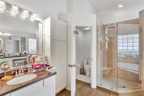 Bathroom, Dual Sink Vanities, Glass Shower, Interior, Recessed Lighting