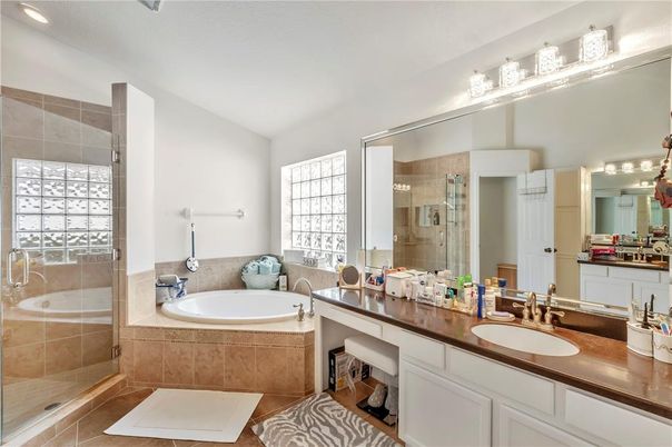 Bathroom, Dual Sink Vanities, Glass Shower, Interior, Recessed Lighting