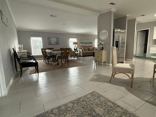 Dining room, Interior, Kitchen, Living room, Recessed Lighting, Stainless Steel Appliances, Wood Texture Flooring