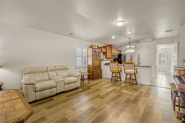 Interior, Kitchen, Living room, Pendant Lights, Wood Texture Flooring