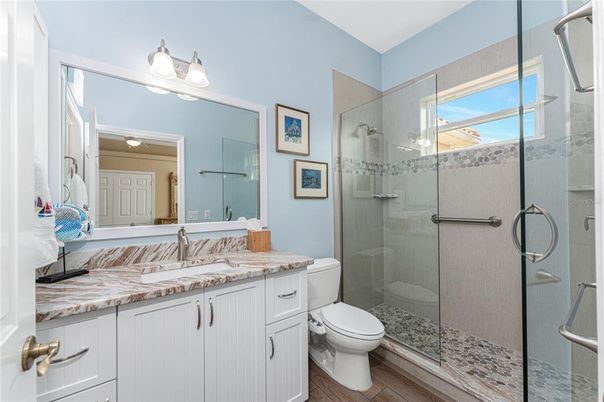 Bathroom, Glass Shower, Interior, Wood Texture Flooring