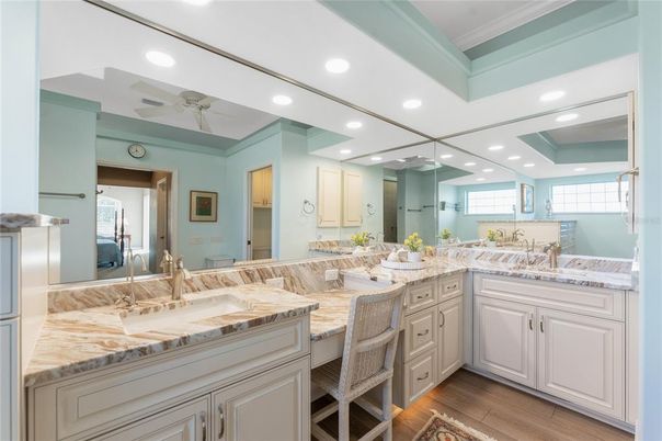 Bathroom, Dual Sink Vanities, Interior, Recessed Lighting, Wood Texture Flooring