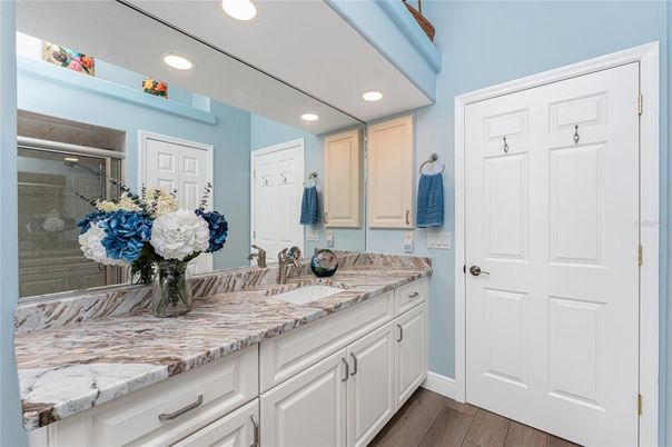 Bathroom, Interior, Recessed Lighting, Wood Texture Flooring