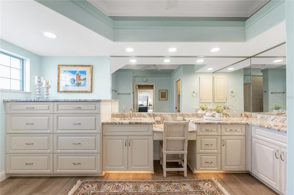 Bathroom, Dual Sink Vanities, Interior, Recessed Lighting, Wood Texture Flooring