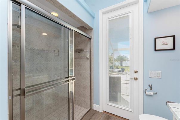 Bathroom, Glass Shower, Interior, Recessed Lighting, Wood Texture Flooring