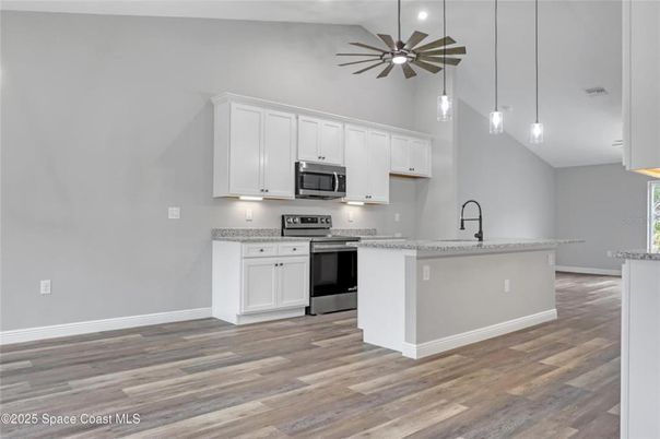 Interior, Kitchen, Pendant Lights, Recessed Lighting, Wood Texture Flooring