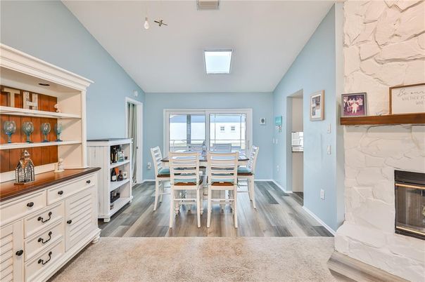 Dining room, Fireplace, Interior, Wood Texture Flooring