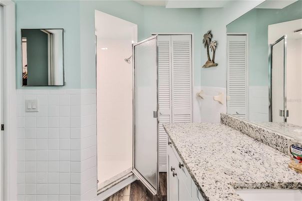 Bathroom, Glass Shower, Interior, Recessed Lighting, Wood Texture Flooring
