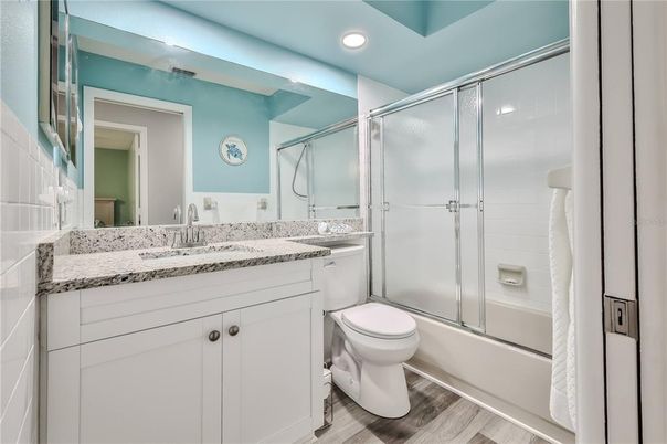 Bathroom, Glass Shower, Interior, Recessed Lighting, Wood Texture Flooring