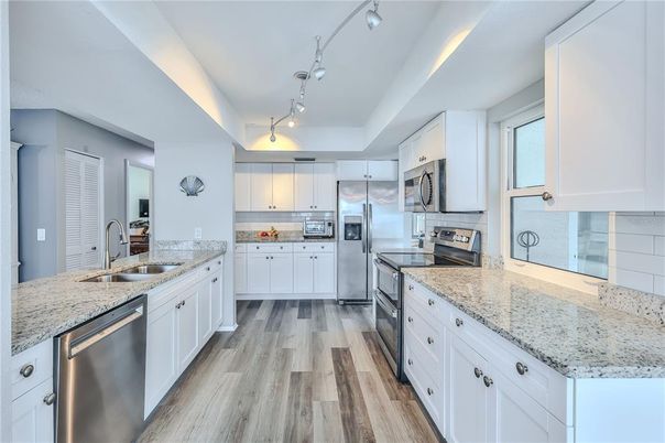 Interior, Kitchen, Pendant Lights, Stainless Steel Appliances, Wood Texture Flooring