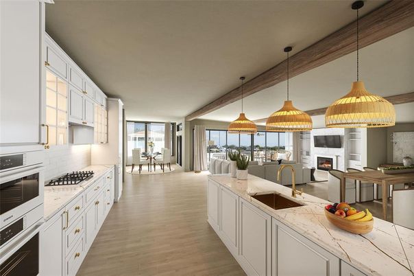 Dining room, Fireplace, Interior, Kitchen, Pendant Lights, Stainless Steel Appliances, Wood Texture Flooring