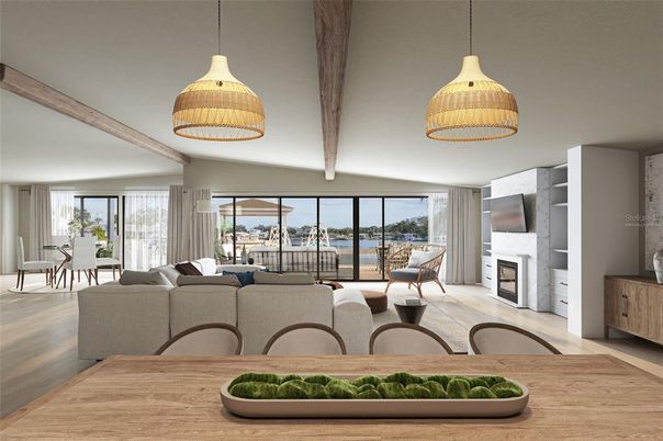 Dining room, Fireplace, Interior, Living room, Pendant Lights, Wooden Beams, Wood Texture Flooring