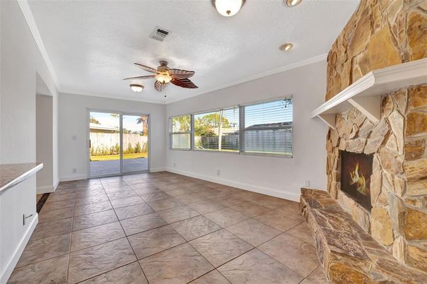 Empty room, Fireplace, Interior, Recessed Lighting, Stone Walls