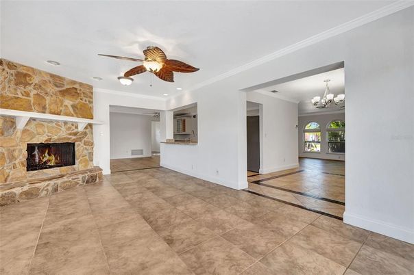 Chandelier, Empty room, Fireplace, Interior, Recessed Lighting