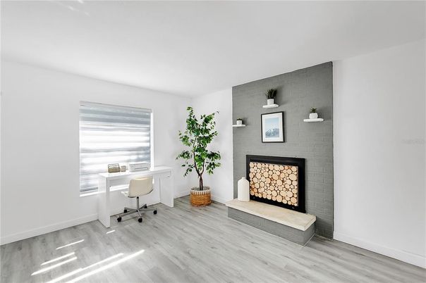 Fireplace, Home Office, Interior, Wood Texture Flooring