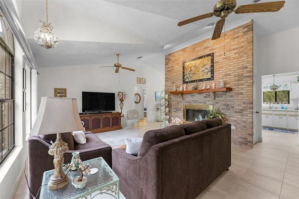 Fireplace, Interior, Living room, Pendant Lights, Stone Walls