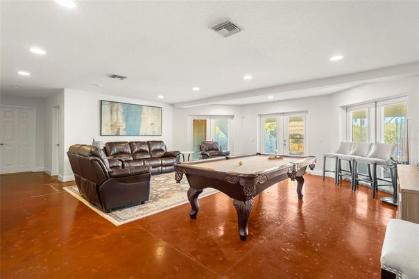 Billiard Table, Game Room, Interior, Living room, Recessed Lighting, Wood Texture Flooring