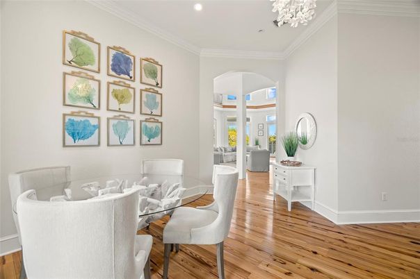 Dining room, Interior, Recessed Lighting, Wood Texture Flooring