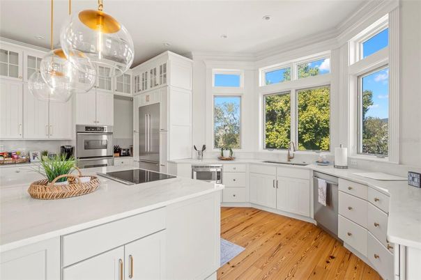 Interior, Kitchen, Pendant Lights, Recessed Lighting, Stainless Steel Appliances, Wood Texture Flooring