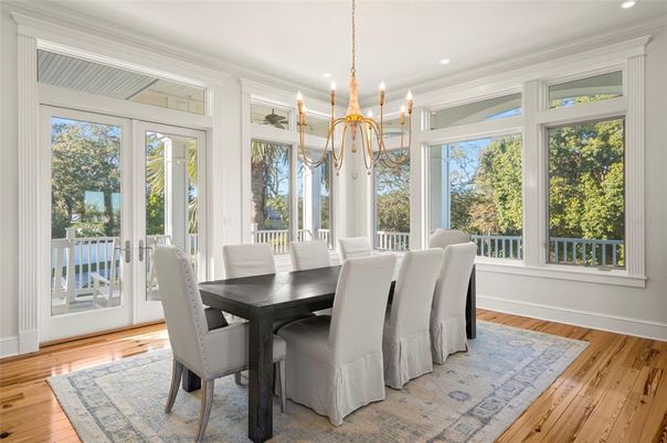 Dining room, Interior, Pendant Lights, Recessed Lighting, Wood Texture Flooring