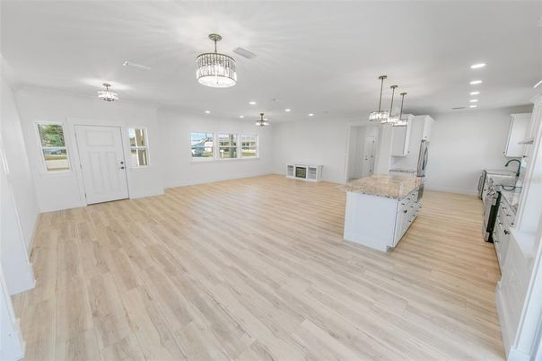 Chandelier, Empty room, Interior, Pendant Lights, Recessed Lighting, Wood Texture Flooring