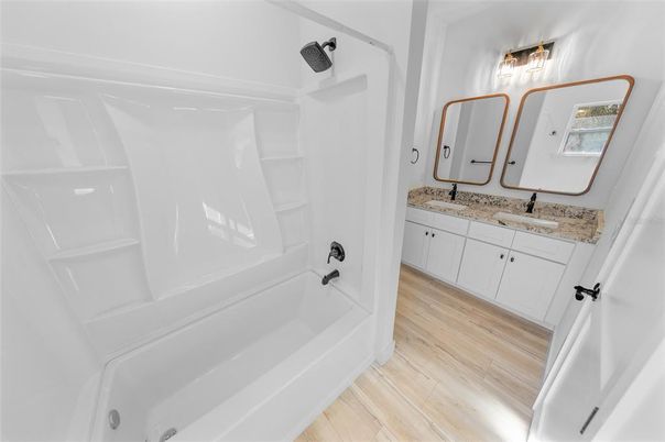 Bathroom, Dual Sink Vanities, Interior, Wood Texture Flooring
