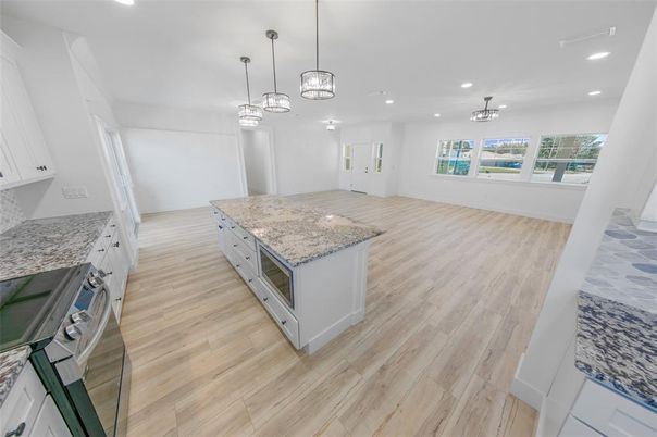 Interior, Kitchen, Pendant Lights, Recessed Lighting, Wood Texture Flooring