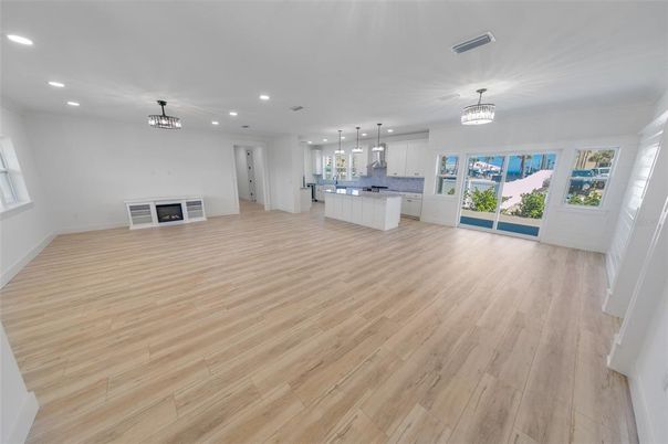 Empty room, Interior, Kitchen, Pendant Lights, Recessed Lighting, Wood Texture Flooring
