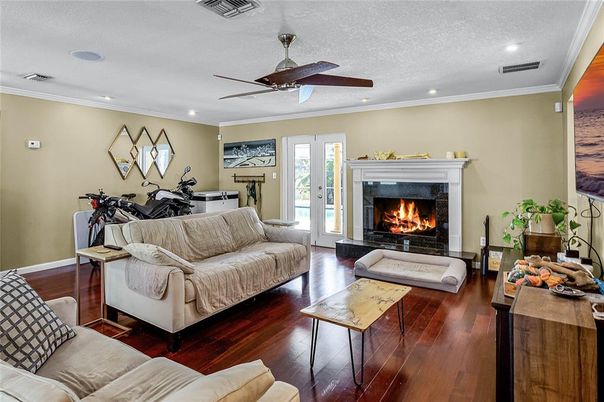 Fireplace, Interior, Living room, Recessed Lighting, Wood Texture Flooring