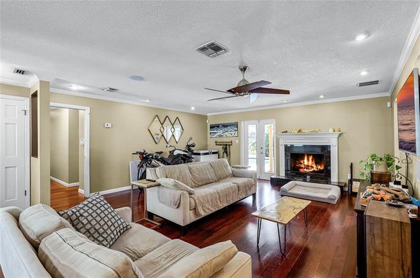 Fireplace, Interior, Living room, Recessed Lighting, Wood Texture Flooring