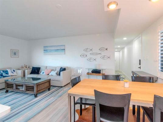 Dining room, Interior, Living room, Recessed Lighting, Wood Texture Flooring