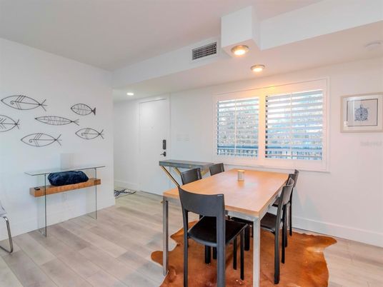 Dining room, Interior, Recessed Lighting, Wood Texture Flooring
