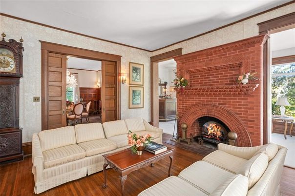 Dining room, Fireplace, Interior, Living room, Stone Walls, Wood Texture Flooring