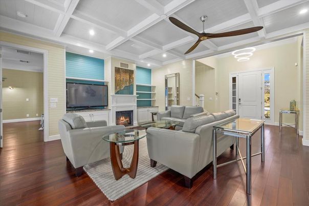 Fireplace, Interior, Living room, Recessed Lighting, Wood Texture Flooring