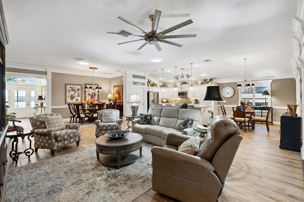 Dining room, Interior, Kitchen, Living room, Pendant Lights, Recessed Lighting, Wood Texture Flooring