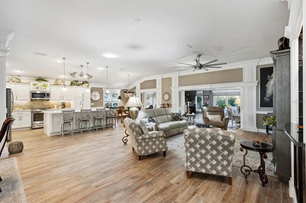 Interior, Kitchen, Living room, Pendant Lights, Recessed Lighting, Stainless Steel Appliances, Wood Texture Flooring
