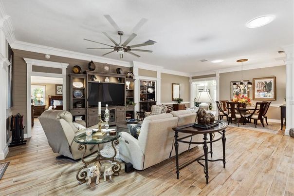 Dining room, Interior, Living room, Pendant Lights, Wood Texture Flooring