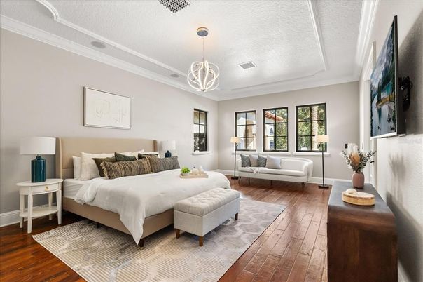 Bedroom, Interior, Pendant Lights, Wood Texture Flooring