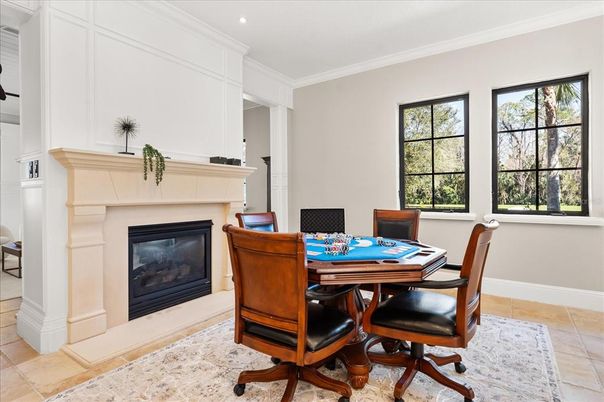 Dining room, Fireplace, Interior, Recessed Lighting