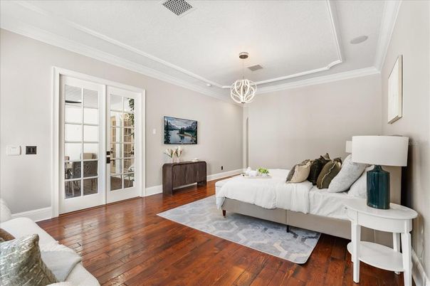 Bedroom, Interior, Pendant Lights, Wood Texture Flooring