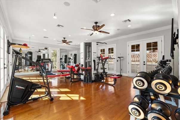 Fitness Equipment, Gym, Interior, Recessed Lighting, Wood Texture Flooring