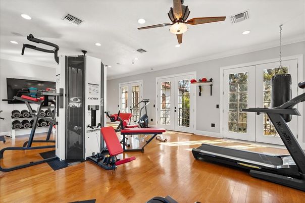 Fitness Equipment, Gym, Interior, Recessed Lighting, Wood Texture Flooring