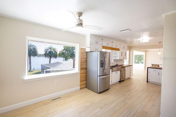 Interior, Kitchen, Pendant Lights, Stainless Steel Appliances, Wood Texture Flooring