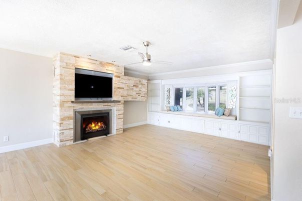 Empty room, Fireplace, Interior, Stone Walls, Wood Texture Flooring
