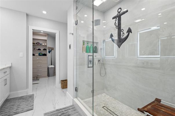 Bathroom, Glass Shower, Interior, Marble, Recessed Lighting