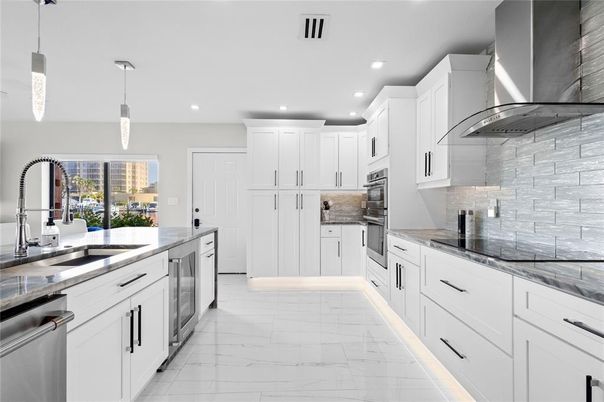 Interior, Kitchen, Marble, Pendant Lights, Recessed Lighting, Stainless Steel Appliances