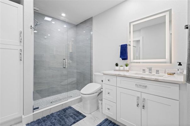 Bathroom, Glass Shower, Interior, Marble, Recessed Lighting