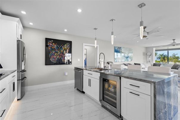 Interior, Kitchen, Marble, Pendant Lights, Recessed Lighting, Stainless Steel Appliances