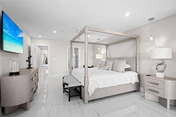 Bedroom, Interior, Marble, Pendant Lights, Recessed Lighting