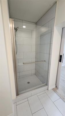 Bathroom, Glass Shower, Interior, Recessed Lighting, Wood Texture Flooring